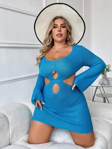 Flirla 大尺碼女士藍色空洞開花鈴袖毛衣連衣裙 - 藍色 - 查看 4