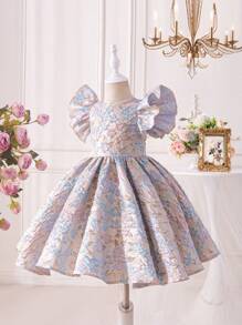 SHEIN Baby Girl Elegant Jacquard Woven Short Sleeve Dress, Spring/Summer