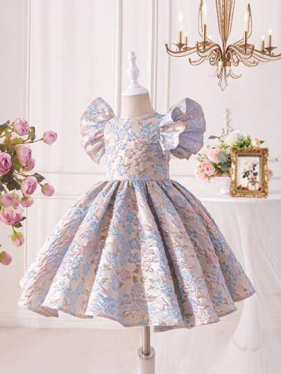 SHEIN Baby Girl Elegant Jacquard Woven Short Sleeve Dress, Spring/Summer