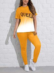 Flirla Plus Size Gradient Letter Printing Short Sleeve Top And Leggings - Yellow - View 3