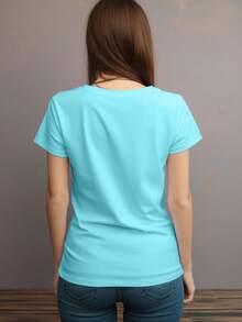 SHEIN LUNE Của phụ nữ In Khẩu hiệu Thả vai Ngắn tay Áo thun - Màu xanh nhạt - Xem 2