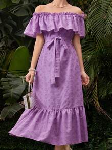 Modelyn Women's Solid Color Hollow-Out Embroidered Off Shoulder Dress - Purple - View 2