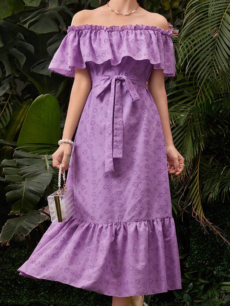 Women's Solid Color Hollow-Out Embroidered Off Shoulder Dress