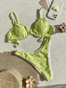 Swim Mod Leisure Style Women's Floral Flocked Bikini Set, Bikini Set Outfit Beach Swimwear Bathing Suit Summer,Summer Beach - Olive Green - View 1