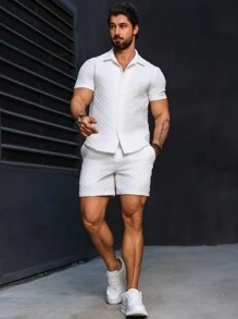 Manfinity Homme Conjunto De Camisa De Manga Corta Y Pantalon Corto De Color Sólido Para Hombre - Blanco - Ver 4