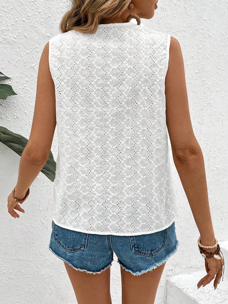 Textured Fabric V-Neck Mesh Lace Splicing Hollow Out Embroidered White Tank Top Summer Casual