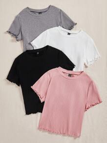 SHEIN EZwear 4pcs Màu thuần Dệt kim Ngắn tay - Nhiều màu - Xem 3