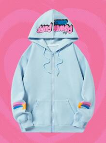 The Powerpuff Girls | ROMWE Áo hoodie trễ vai họa tiết hoạt hình, trường học - Màu xanh nhạt - Xem 4