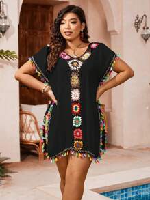 Swim Vcay Summer Beach Plus Size Crochet Flower Decor V-Neck Kimono Dress With Tassel And Fringe Hem, Short Sleeve Cruise Outfit Beach Outfit Vacay Vibe - Black - View 5