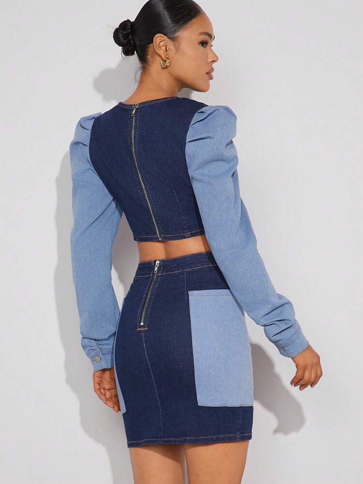 Puff Sleeve Colorblock Crop Denim Top
