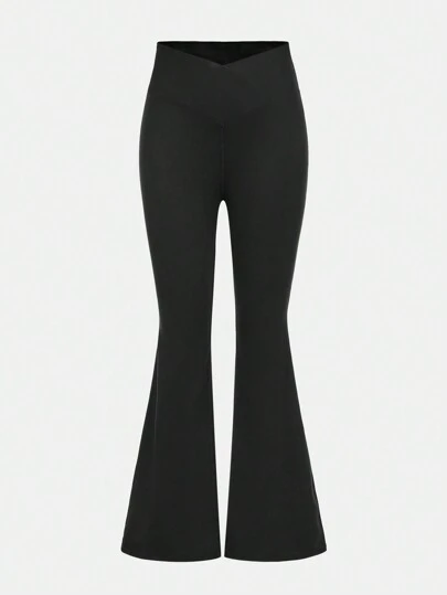 SHEIN Girlism 青少女運動街頭時尚針織純色喇叭褲,適用於春夏季節