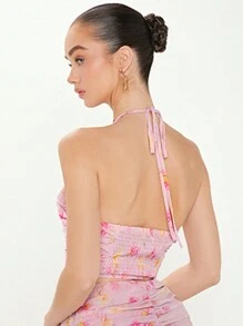 Enchnt Floral Printed 3d Flower Halter Top With Ruffle Detail - Pink - View 2