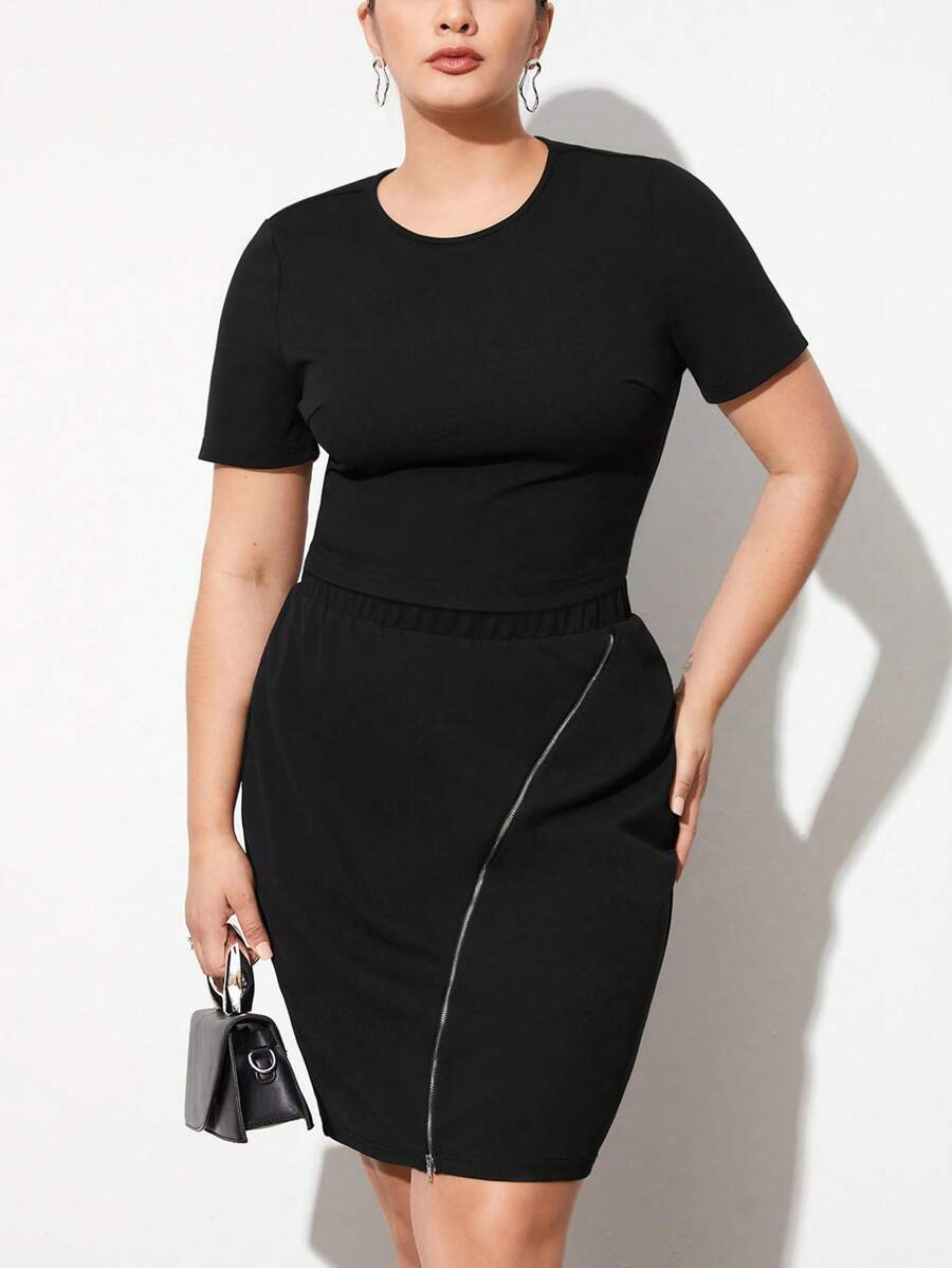 BizChic Plus Size Women's Short Sleeve T-Shirt & Asymmetrical Zipper Skirt Set - Black - View 1