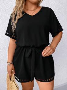 SHEIN LUNE Plus Size Round Neck Solid Color Hollow Out Cinching Waist Jumpsuit - Black - View 4
