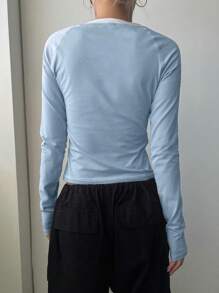 DAZY Women's Slogan Printed Round Neck Long Raglan Sleeve T-Shirt Jersey,Fall Clothes Long Sleeve Women Tops - Blue - View 2