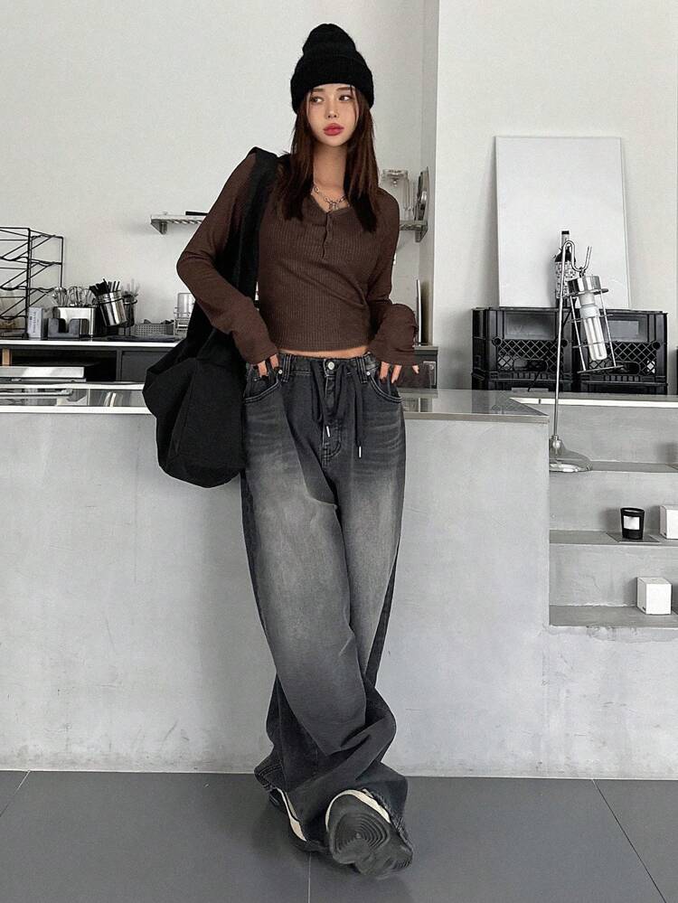 Buttoned Half Placket Long Sleeve T-Shirt With Textured Fabric