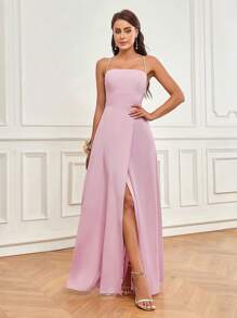 SHEIN Belle Elegante y romántico vestido rosa con tirantes de satén que envuelve el pecho y la espalda con tiras cruzadas y hermoso diseño en forma de A en la espalda, con abertura alta lateral y tirantes de espagueti. Vestido elegante y romántico para mujeres adecuado para banquete de vacaciones, vestido de dama de honor para adultos - Rosa - Ver 4