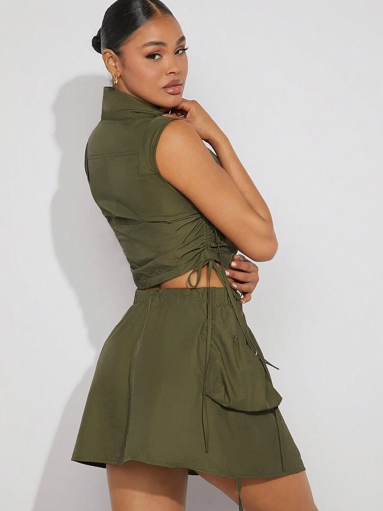 WOMEN Solid Color Sleeveless Cargo Style ZIPPER VEST And Skirt Two Pieces Set
