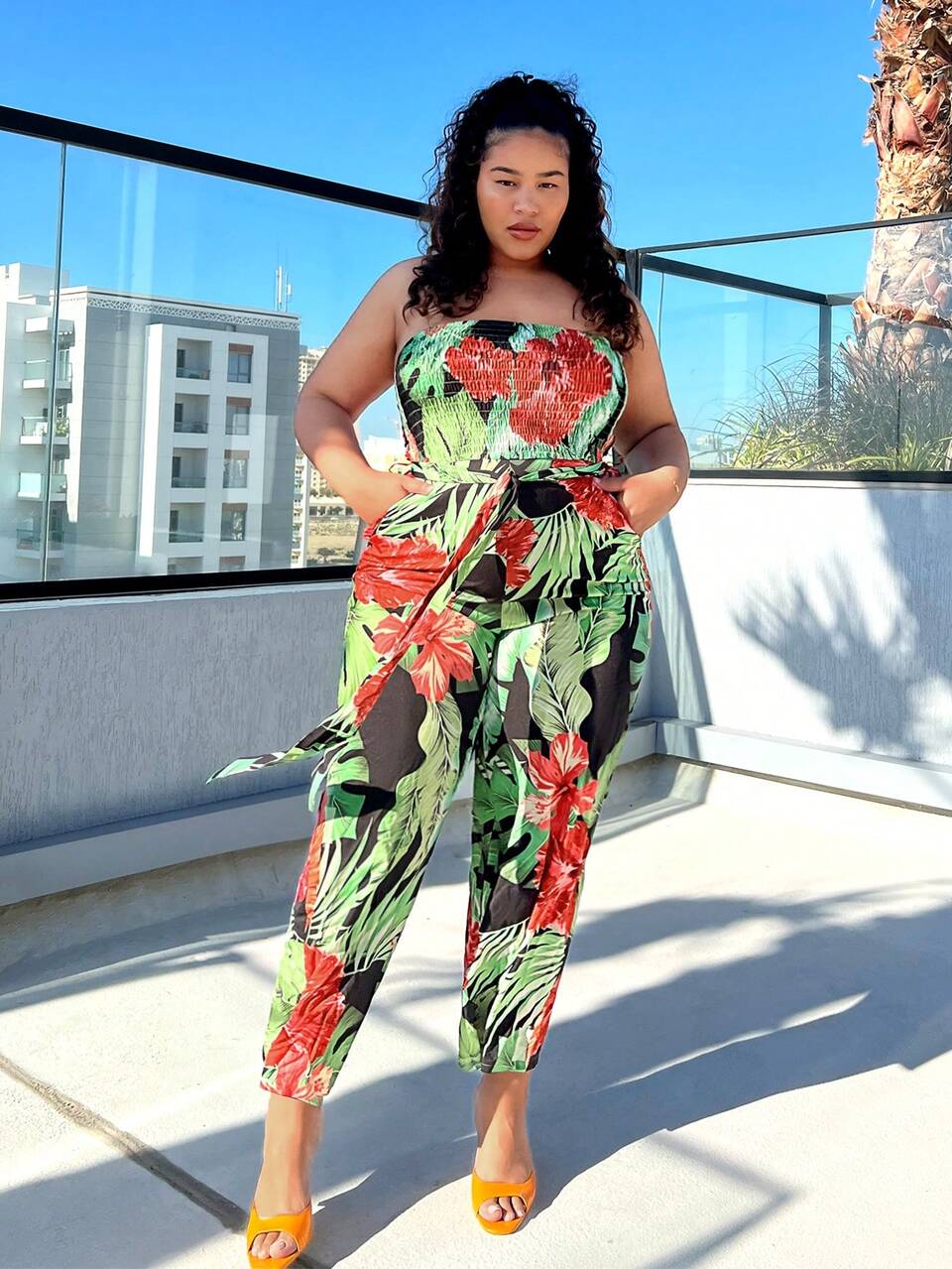 Plus Size Floral Print Strapless Jumpsuit For A Sexy Beach Vacation Look