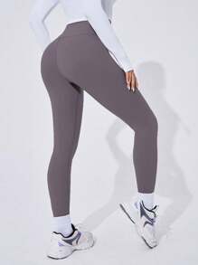 SHEIN Sports 女士纯色高腰日常健身紧身瑜伽裤 - 淺灰紫 - 查看 2