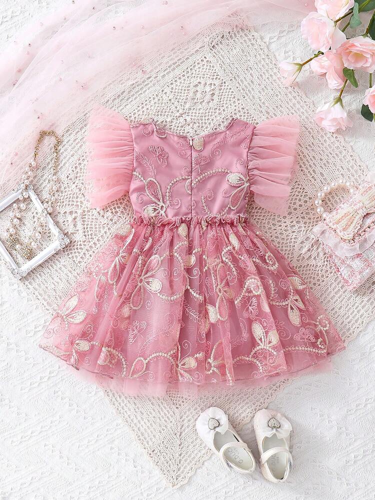 Baby Girl Heavy Embroidered Mesh Tulle Dress With Fancy Ribbon