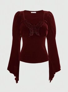ROMWE Hippie Butterfly Patched Flare Sleeve Tee - Burgundy - View 1