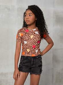 SHEIN 少女日常休閒愛心波點印花短袖圓領T恤，適用於春夏季節 - 彩色 - 查看 6