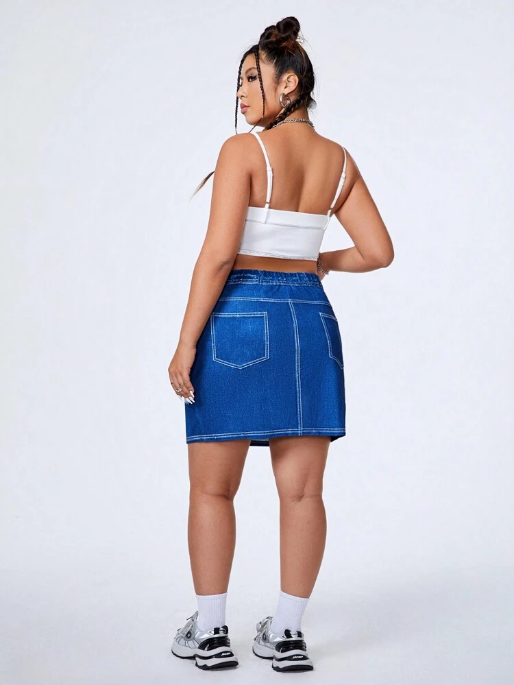 Plus Size Denim Effect Graphic Knit Skirt-Denim Blue