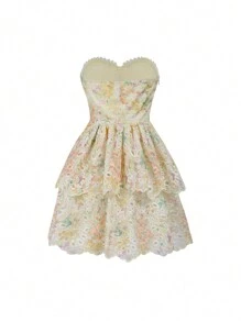 Enchnt Vestido De Bandeau Para Mujer Con Diseño Tie-dye Y Flores Quemadas Bordadas Con Dobladillo Con Volantes - Verde - Ver 10