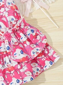 Baby Girl's Cute Pink Cat Printed Dress For Spring And Summer - Pink - View 3