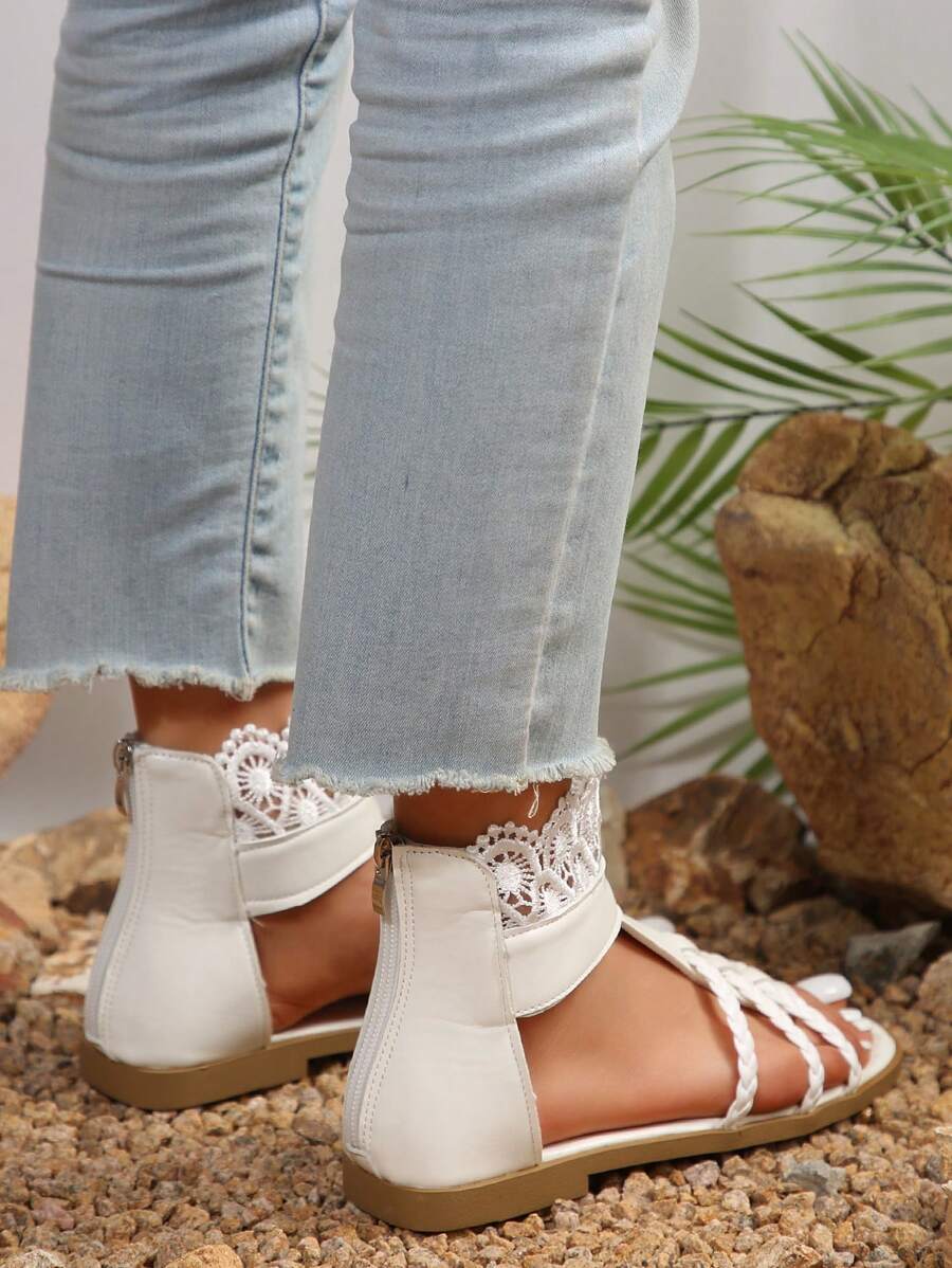 Women's Flat Lace Up Sandals White Color Roman Style Strappy Summer