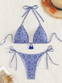 Swim Vcay 全印花領露背比基尼套裝，夏季沙灘必備 - 藍色 - 查看 3