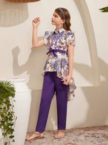 SHEIN Leap Crew Tween Girl 2pcs/Set Floral Print Shirt With Ruffle Collar And Asymmetrical Hemline Matched With Pants - Purple - View 3
