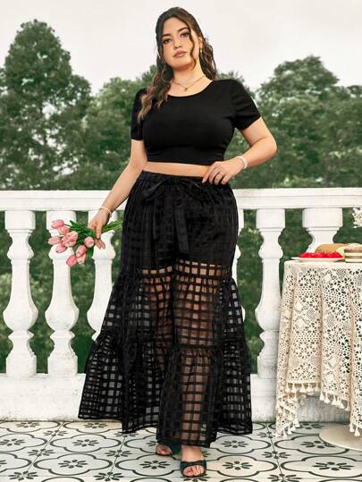 Dreamara Pantalon Évasé En Maille Pour Femme Grande Taille De Jacquard Noir À Carreaux Avec Ourlet À Volants