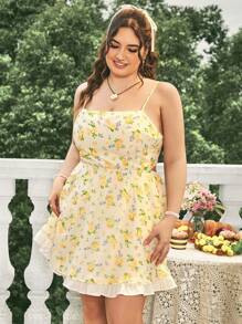 Dreamara Multicolor Romantic Chiffon Floral Print Plus Size Women's Holiday Spaghetti Strap Dress - Multicolor - View 5