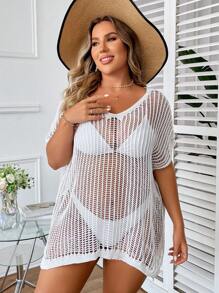 SHEIN Swim Curve Summer Plus Size Solid Color Hollow Out Knit Cover Up