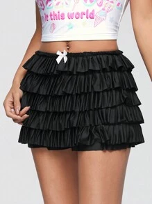 SHEIN Qutie Nhiều lớp Bánh Phong cách Váy Với Nơ Đồ trang trí - màu đen - Xem 5