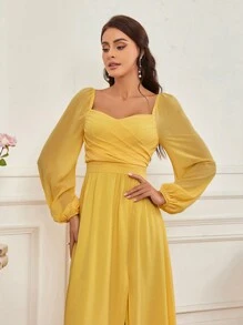 SHEIN Belle Bridesmaid Dress With Sweetheart Neckline, Sheer Lantern Sleeve, Split Hem