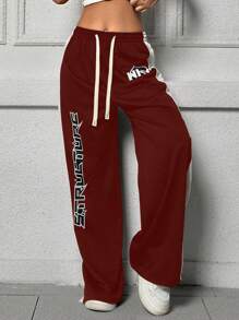 Flirla Pantalones Largos Con Estampado De Letras Y Cintura Con Cordón - Rojo - Ver 6