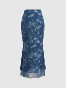 ROMWE Hippie Nhuộm buộc In Toàn bộ Ren Mộc nhĩ Lưới Váy - Màu xanh lam - Xem 2