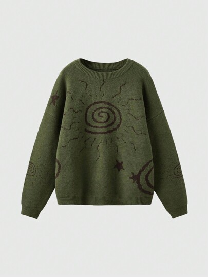 Hippie Sun & Star Pattern Drop Shoulder Sweater