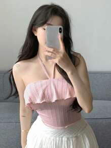 Dazy Designer Của phụ nữ Halterneck Kết cấu Thiết kế Wrapped Màu hồng Áo ba lỗ - Hồng - Xem 3