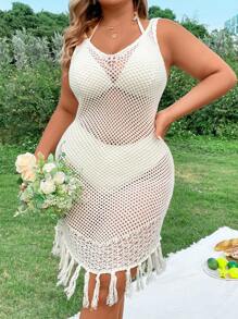 Flirla Plus Size Women's Sleeveless Sweater Dress With Hollow Out & Tassel Details - White - View 7