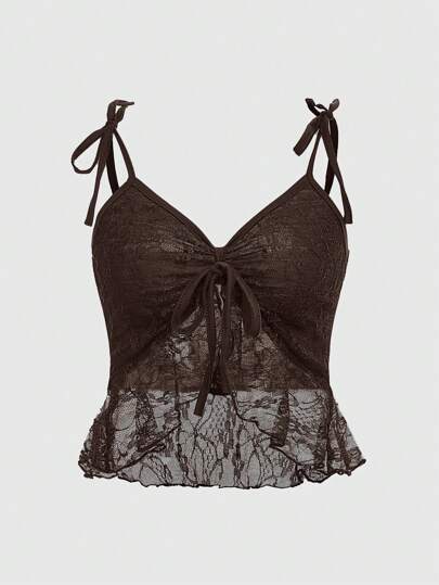 ROMWE Fairycore 蕾絲肩上打結吊帶上衣