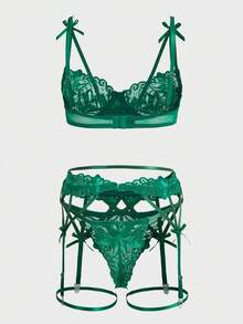 Set de lencería con encaje floral con aro con liga con 1 par Anillo de pierna - Verde Oscuro - Ver 2