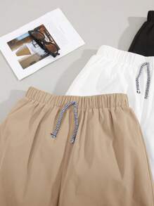 SHEIN Quần short dây rút chi tiết kẻ sọc thông thường dành cho thiếu niên tuổi teen, mùa hè, nhiều gói - Màu Khaki - Xem 5