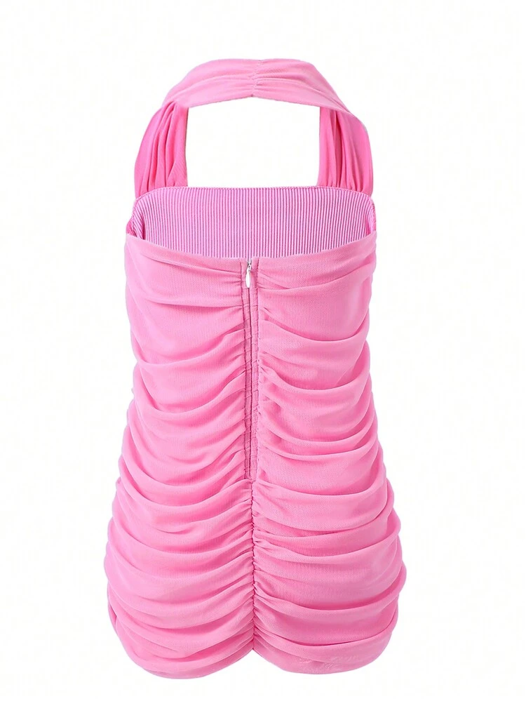 Young Girl Solid Color Pleated Halter Neck Dress For Music Festivals