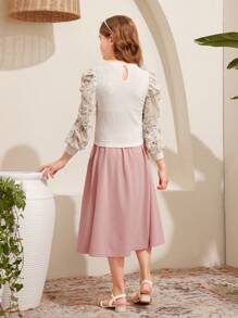 SHEIN Cô gái Tween Mộng mơ Phong cách công chúa Dệt kim Dệt hoa Vòng cổ Tay áo dài Áo Và Dệt kim Màu thuần Quần Bộ - Màu Khaki - Xem 2