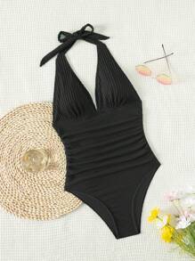 SHEIN Swim Summer Beach Solid Color Halter Neck One-Piece Swimsuit - Black - View 5