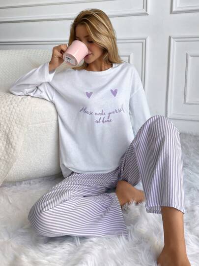 RueChic Heart & Letter Printed Long Sleeve Top And Striped Pants Pajama Set